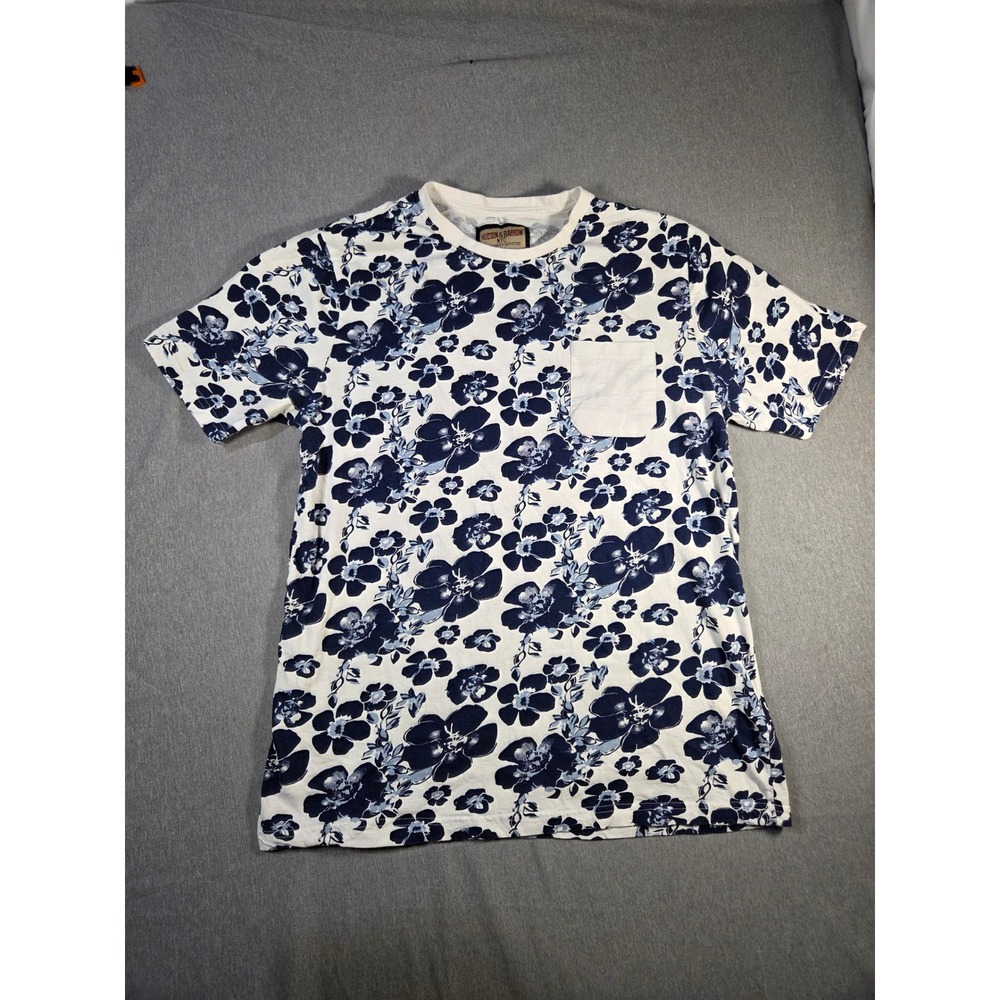 Hudson & Barrow Mens Large Floral Pocket T-Shirt Navy White Cotton RN 144487